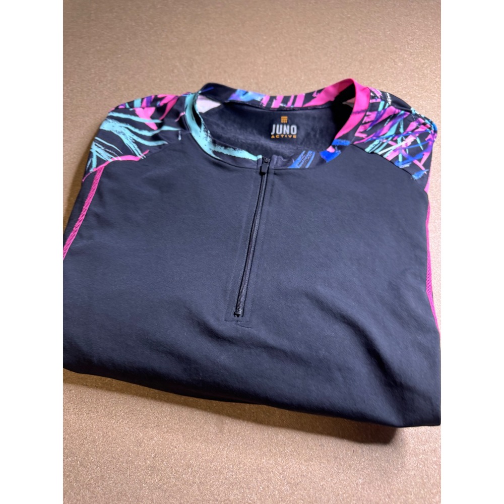 JunoActive Womens Quarter Zip Athletic Top Black Pink‎ Tropical Raglan Sleeves